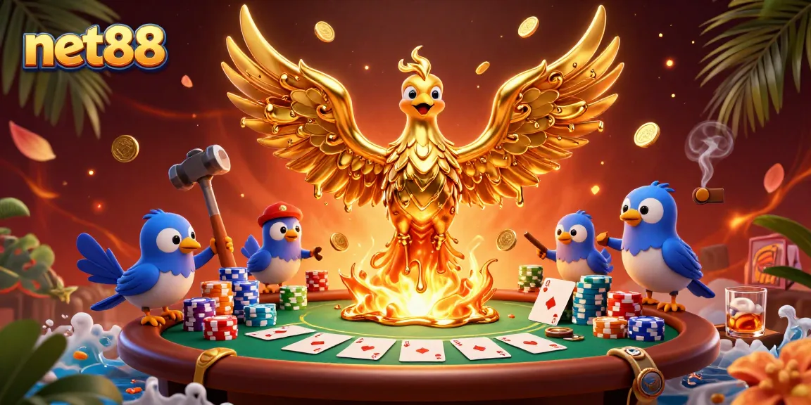 Experience thrilling poker action with net88 as the golden phoenix rises amidst vibrant casino elements.