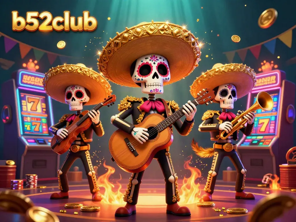 Experience the excitement at b52club with lively mariachi skeletons celebrating in a vibrant casino atmosphere.