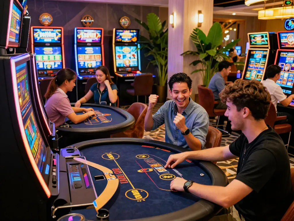 Diverse group of players enjoying vibrant casino games at https://ku88v1.com/ with lively dealer interactions and an engaging atmosphere.