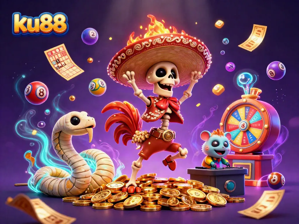 Experience the excitement of ku88 with vibrant 3D characters surrounded by colorful casino elements and golden coins.