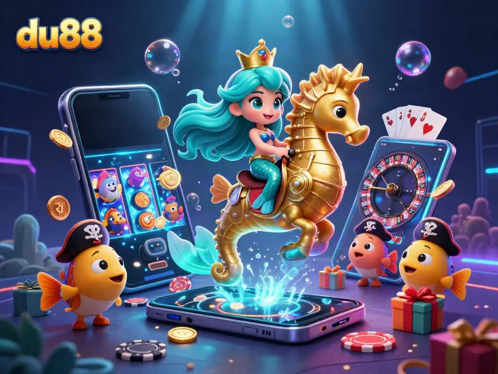 Experience thrilling gameplay at du88 with a vibrant mermaid princess riding a golden seahorse.