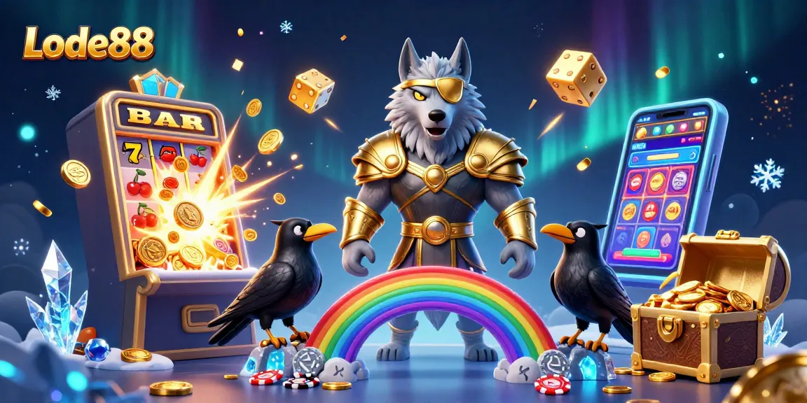 Lode88 celebrates epic casino action with a 3D Odin wolf and vibrant slot elements.