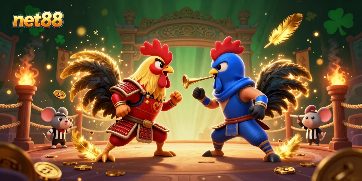 Experience the thrilling standoff of twin 3D fighting roosters in net88 casino arena.