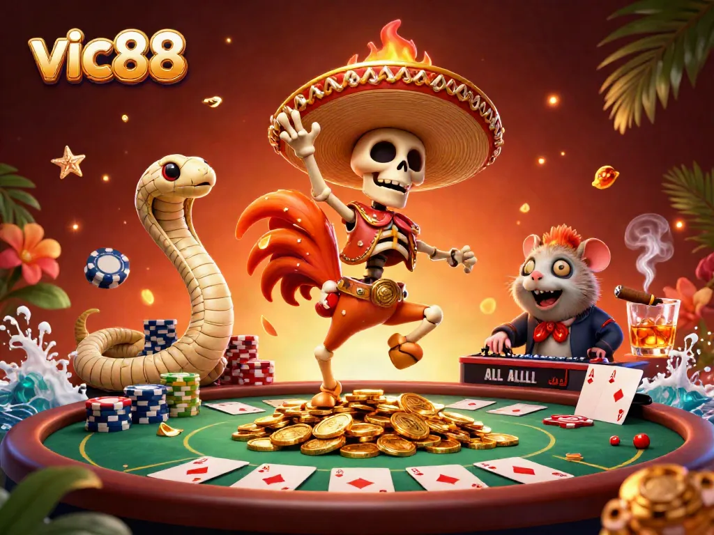 Experience the excitement of vic88 with a lively 3D scene featuring a mariachi rooster and a mummy snake in a high-stakes poker setting.