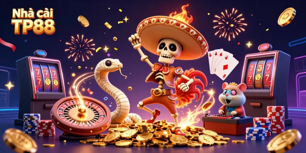 Experience winning moments at Nhà cái TP88 with festive gaming characters and vibrant casino elements.