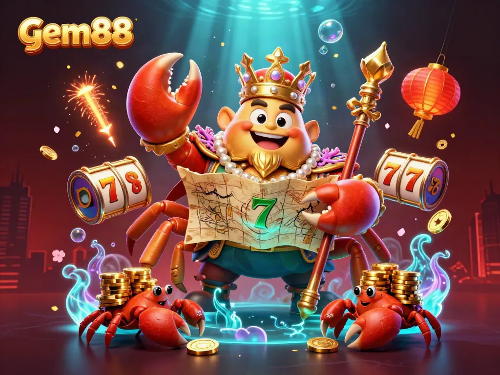 Experience gem88's gaming adventure with golden crab emperor, lucky symbols, and vibrant casino elements.