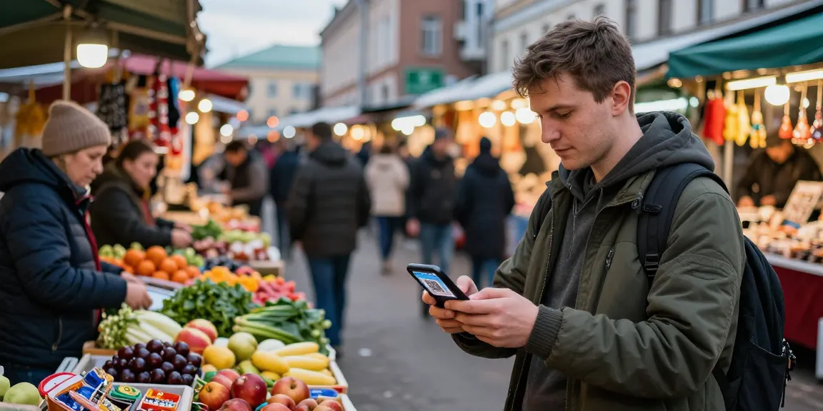 https://payinrussia.com/ ile Rusya'da yapılan QR kodu ödemesi, hareketli pazar atmosferi.