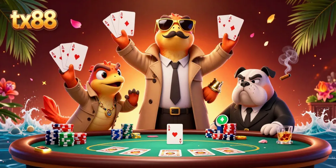 Engage in thrilling poker action with tx88's raptor characters strategizing for a VIP casino entrance.