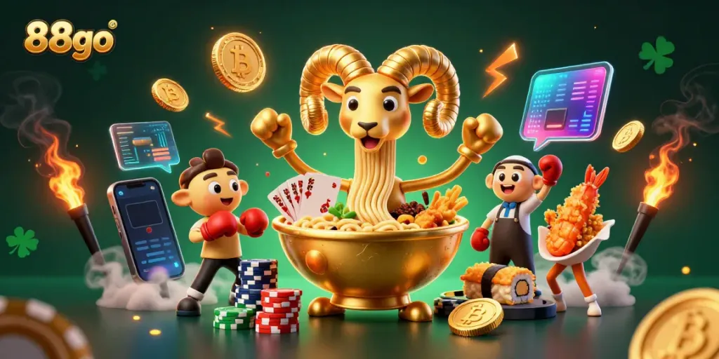 88go's vibrant casino scene featuring a golden ramen bowl dealer amidst crypto coins and cultural icons.