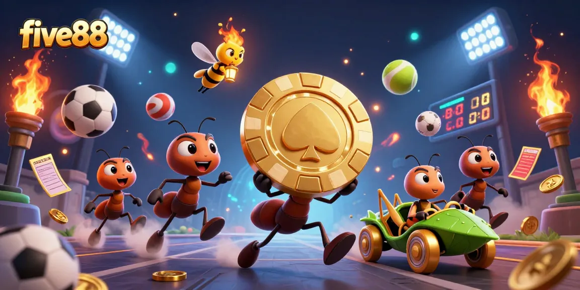 Experience lively sports betting action with five88 as ants carry a giant poker chip.