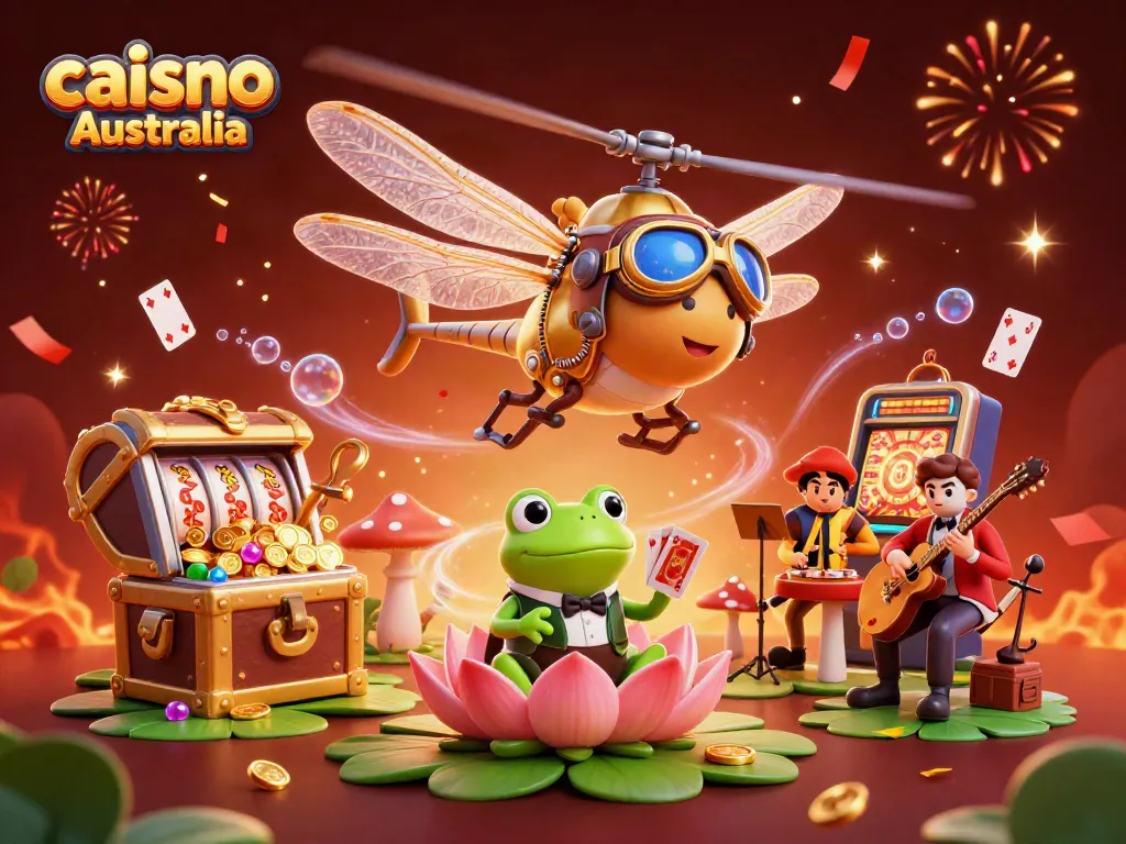 Experience the vibrant charm of caisno Australia with a whimsical casino scene featuring lively characters and exciting game elements.