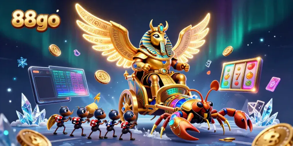 Engage with 88go's thrilling slot gaming experience featuring a golden scarab beetle and scorpion chariot.