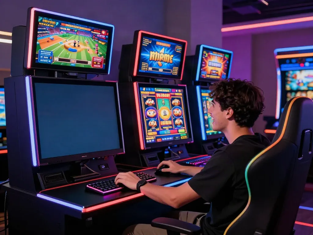 Nohuwin player enjoying vibrant online gaming experience with slot machine and colorful graphics