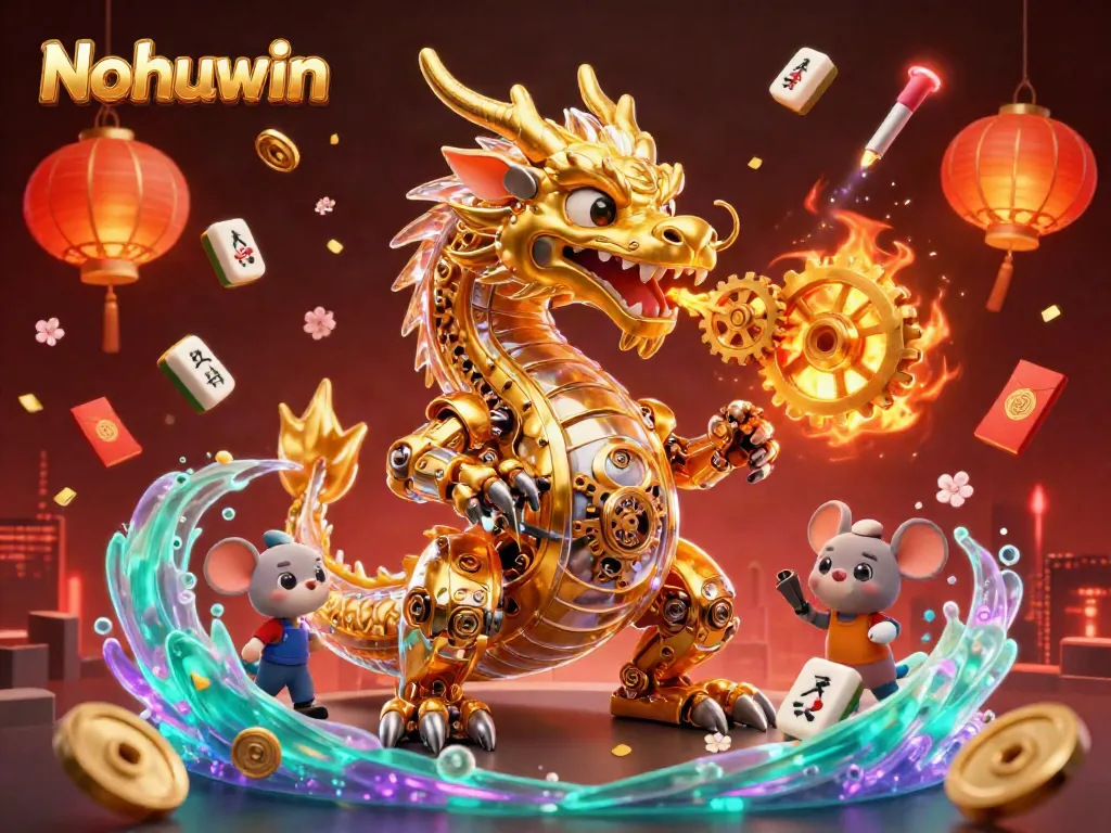 Engage with Nohuwin's interactive gaming experience, featuring a dynamic 3D dragon and casino elements.