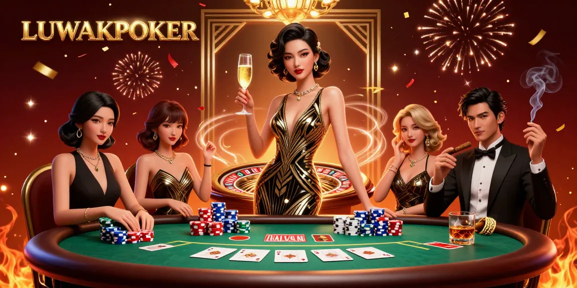 Experience LUWAKPOKER with a glamorous scene featuring poker elements and vibrant confetti.