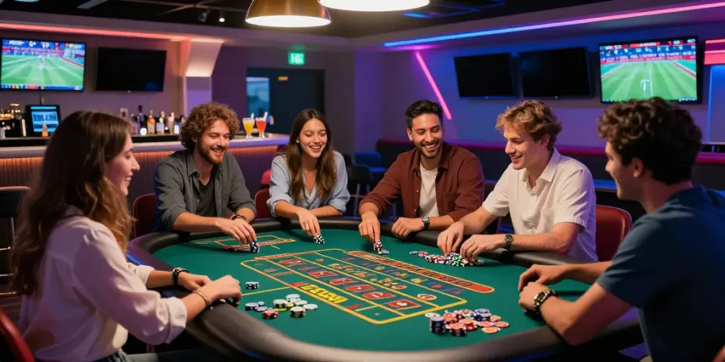 Friends enjoying an engaging roulette game at FC88 online casino, vibrant atmosphere.