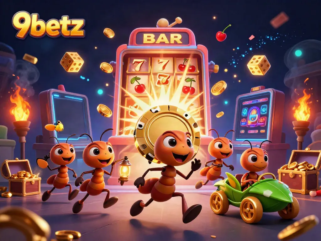 Experience the thrill of winning big at 9betz with cartoon ants and golden chips in this vibrant casino scene.