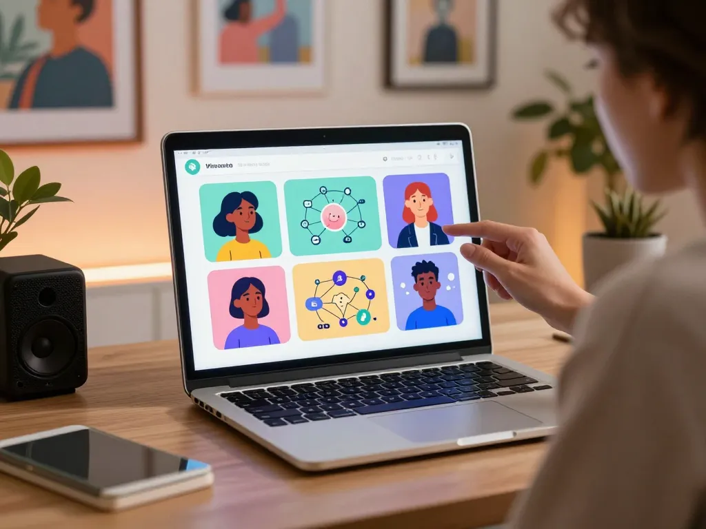 Engaging digital experience of crush on ai with user chatting with personalized character avatars in a modern workspace.