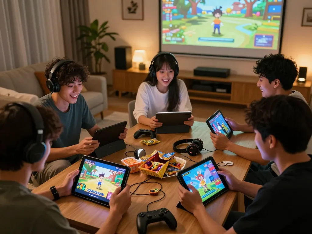 Players enjoying diverse game porn titles in a cozy living room, showcasing vibrant game interfaces.