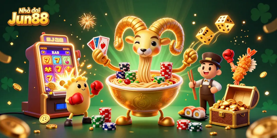 Experience excitement at Nhà cái Jun88 with vibrant 3D casino illustration featuring playful characters and dynamic gaming elements.
