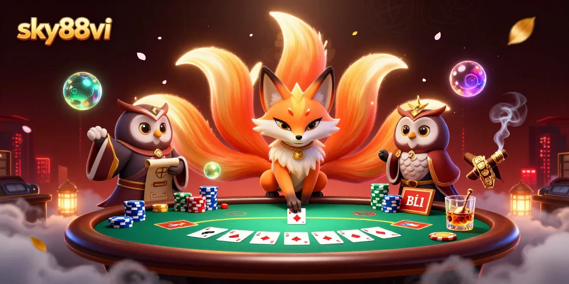 Engage with sky88vi's vibrant 3D poker scene featuring a mystical nine-tailed fox and wise owl amidst colorful casino elements.