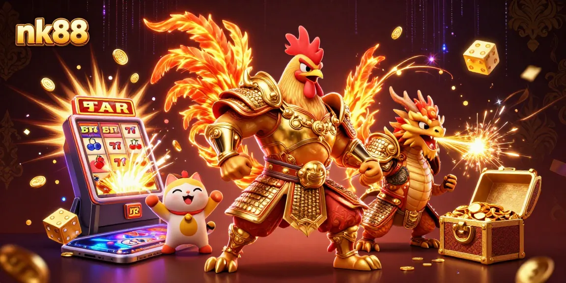 Experience nk88's thrilling casino action with dynamic characters, slots, and sparks in a vibrant 3D scene.