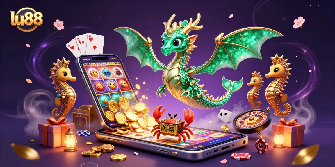 lu88 showcases thrilling gameplay with a colorful slot game on a smartphone amidst magical sea creatures.