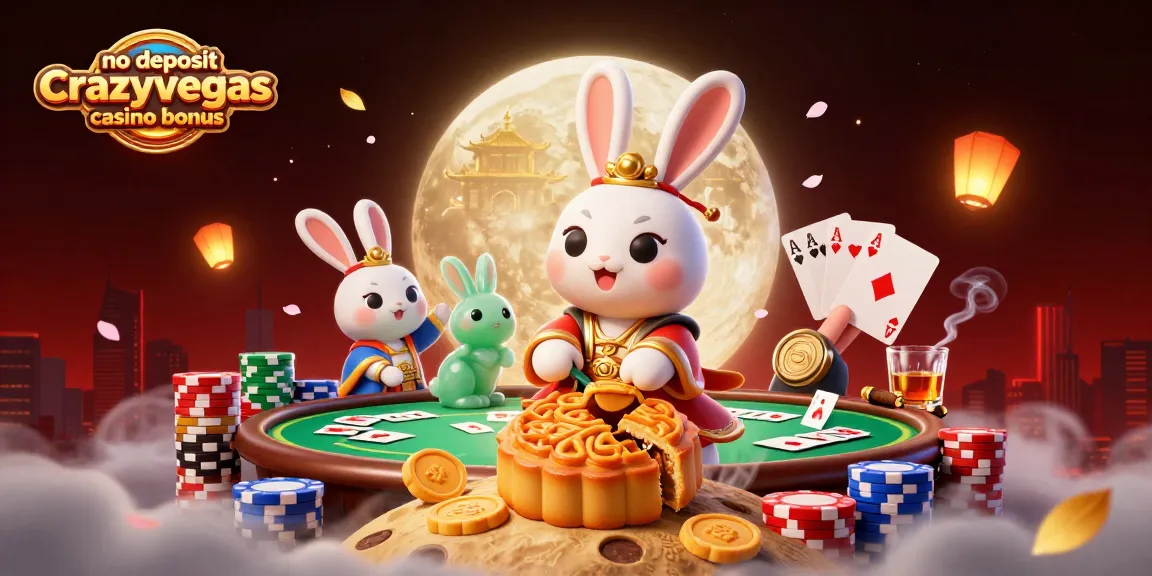 No deposit crazyvegas casino bonus showcases a playful 3D moon rabbit amidst poker chips and vibrant casino elements.